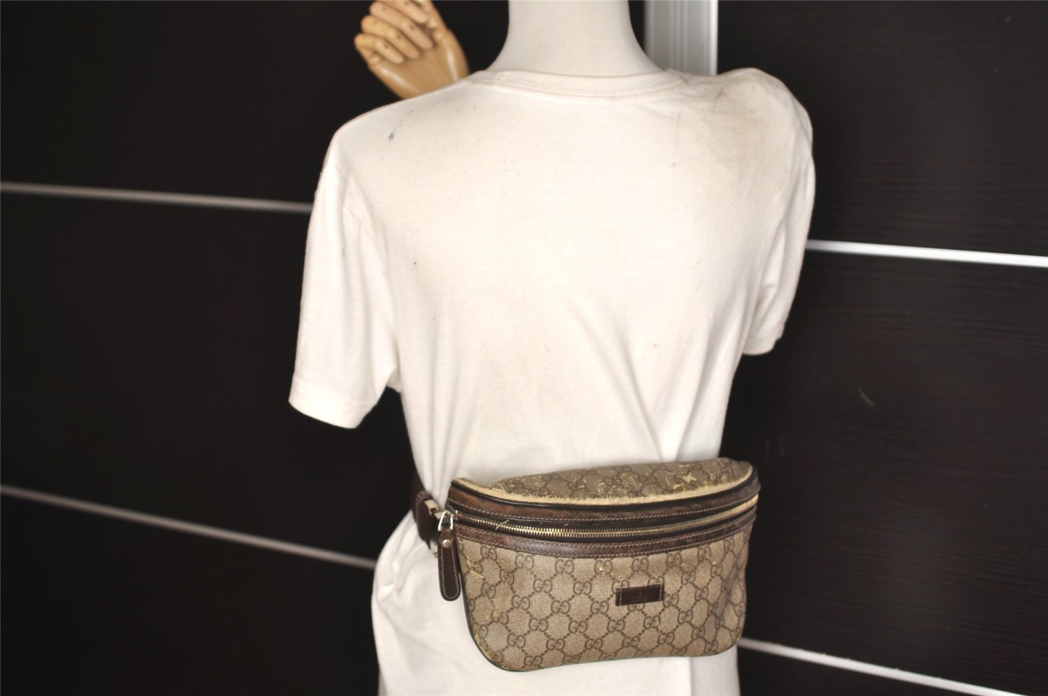 Authentic GUCCI Vintage Waist Body Bag Purse GG PVC Leather 233269 Brown 6595J