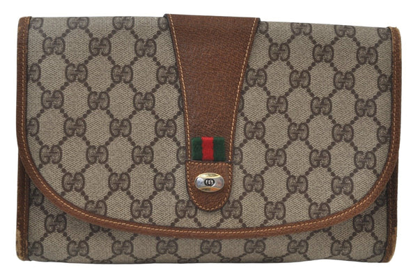 Authentic GUCCI Web Sherry Line Clutch Hand Bag Purse GG PVC Leather Brown 6596J