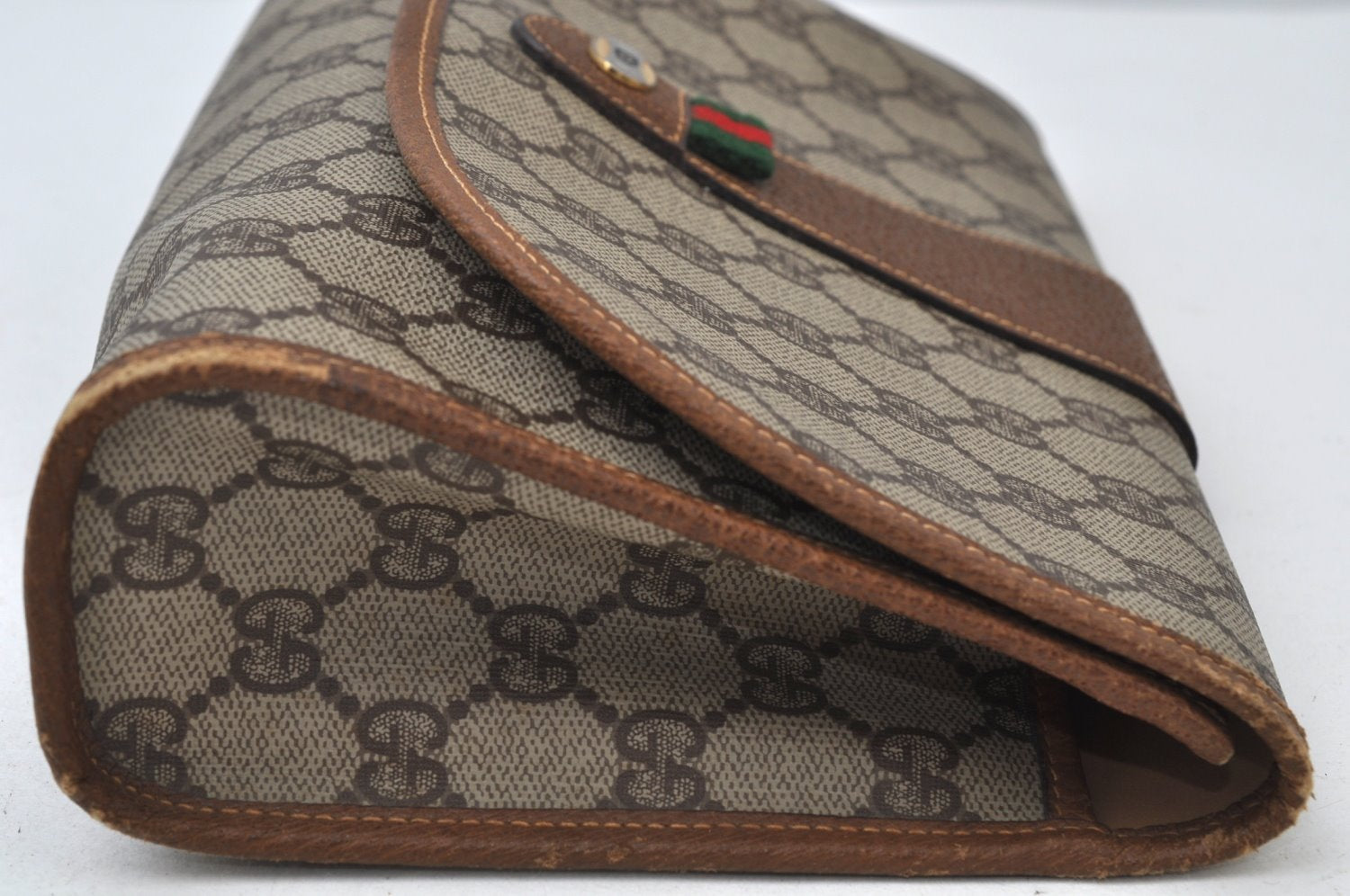 Authentic GUCCI Web Sherry Line Clutch Hand Bag Purse GG PVC Leather Brown 6596J