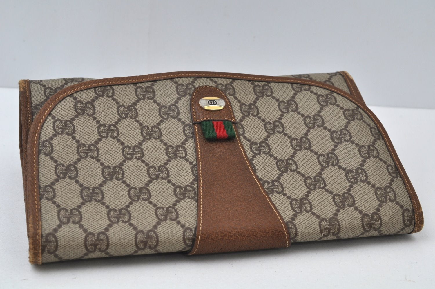 Authentic GUCCI Web Sherry Line Clutch Hand Bag Purse GG PVC Leather Brown 6596J