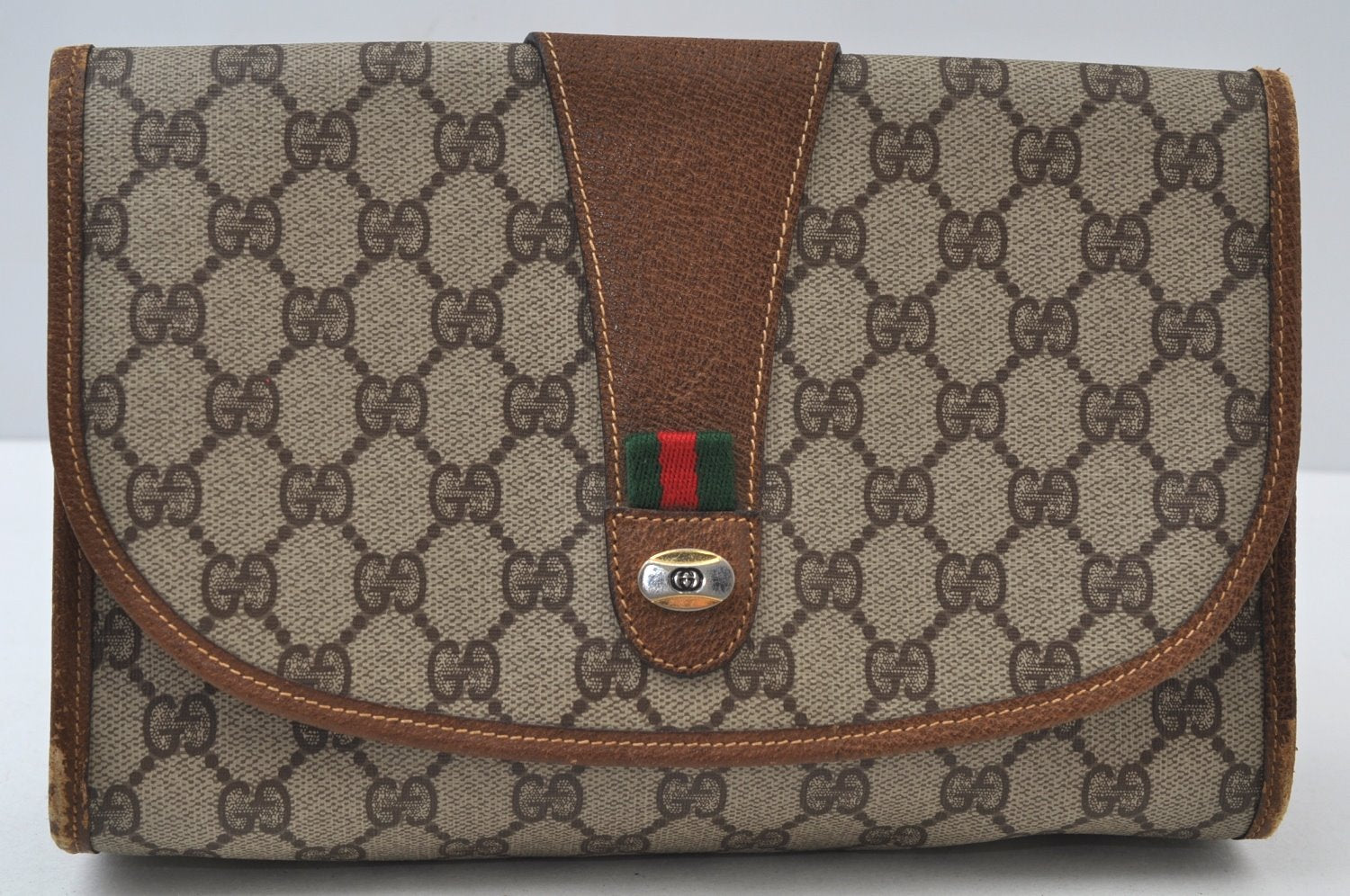Authentic GUCCI Web Sherry Line Clutch Hand Bag Purse GG PVC Leather Brown 6596J