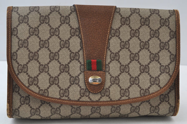 Authentic GUCCI Web Sherry Line Clutch Hand Bag Purse GG PVC Leather Brown 6596J