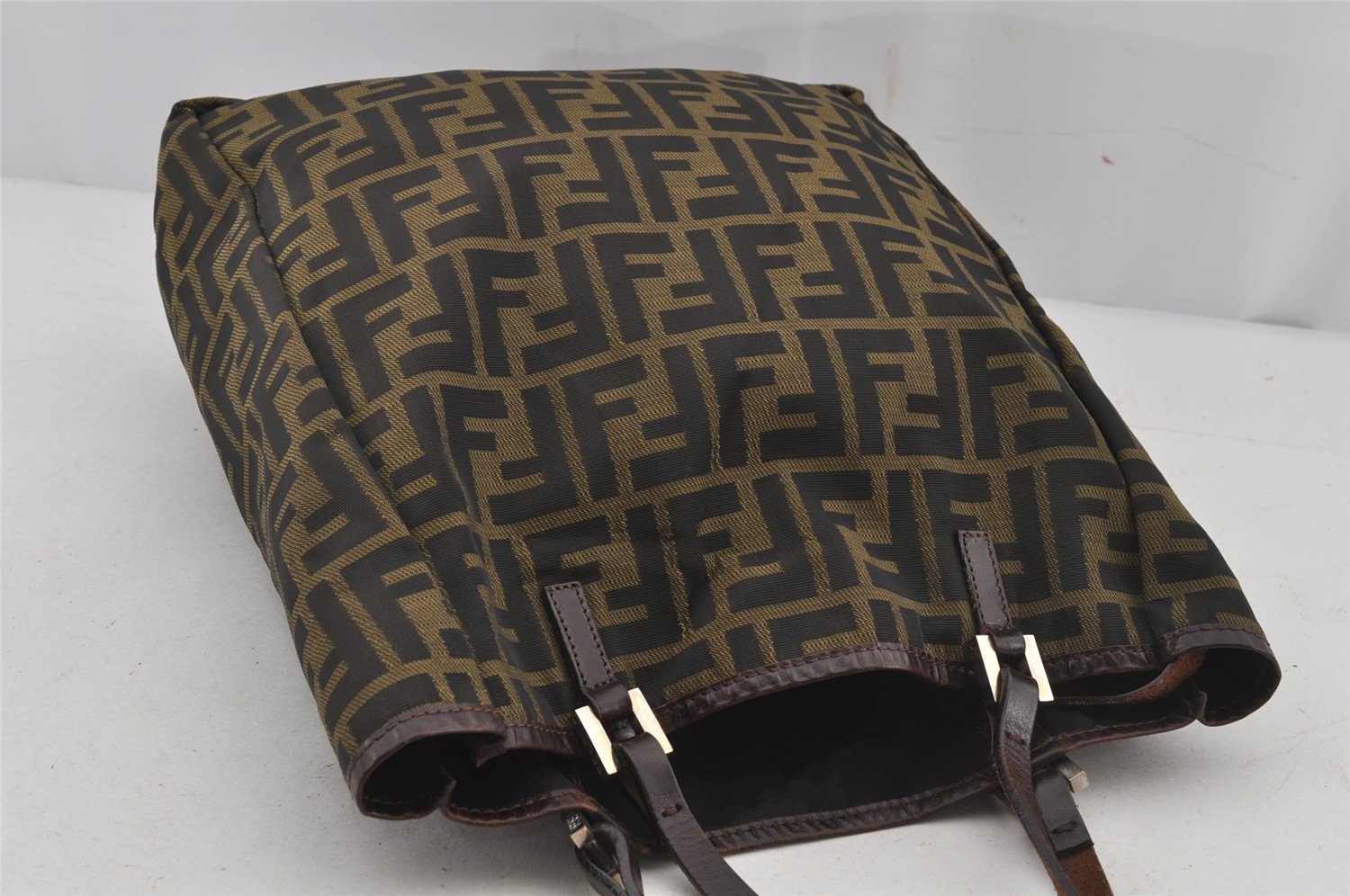 Authentic FENDI Vintage Zucca Shoulder Tote Bag Nylon Leather Brown 6601J