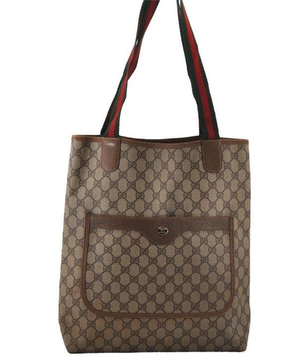 Authentic GUCCI Web Sherry Line Shoulder Tote Bag GG PVC Leather Brown 6604J