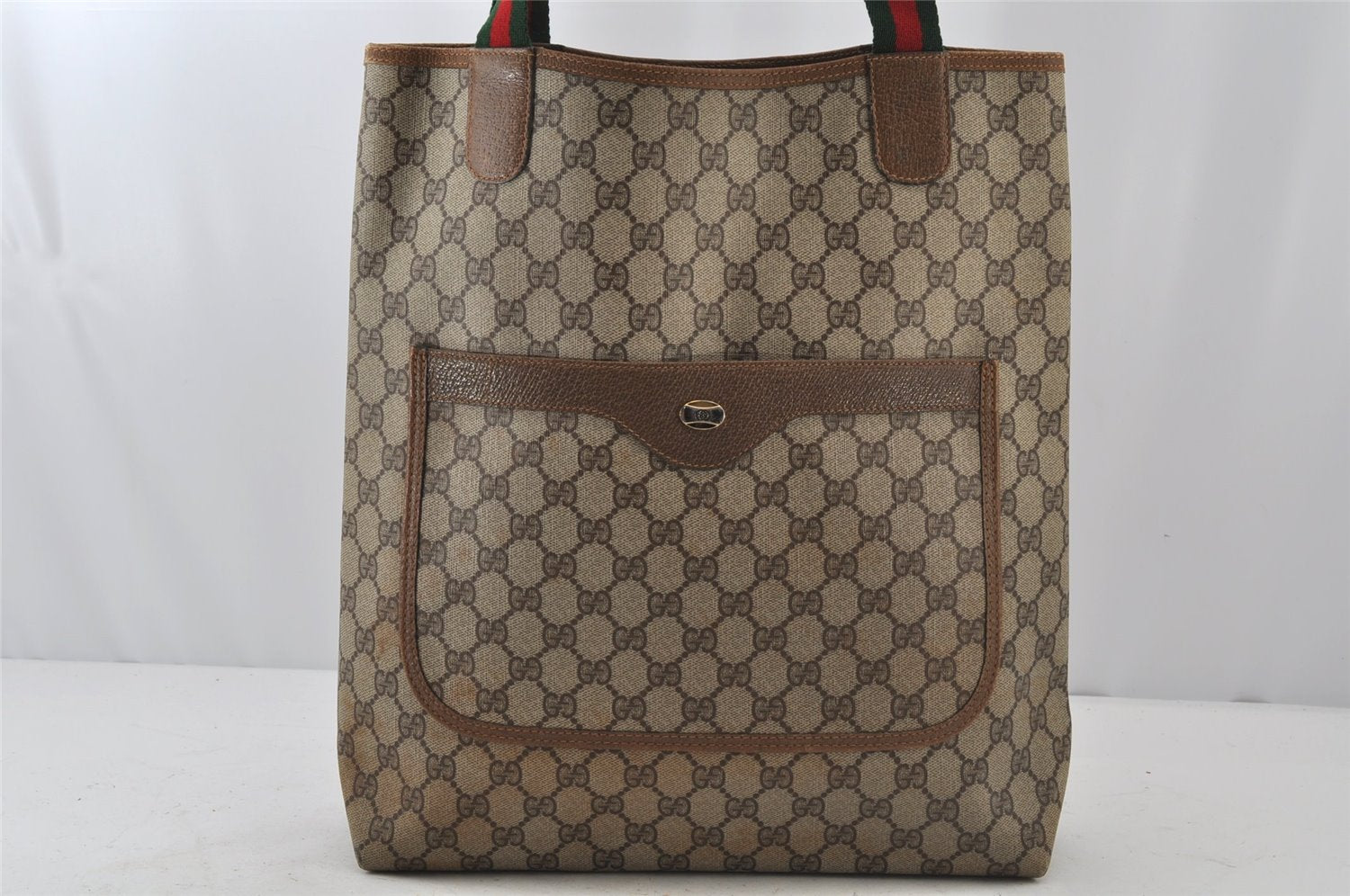 Authentic GUCCI Web Sherry Line Shoulder Tote Bag GG PVC Leather Brown 6604J