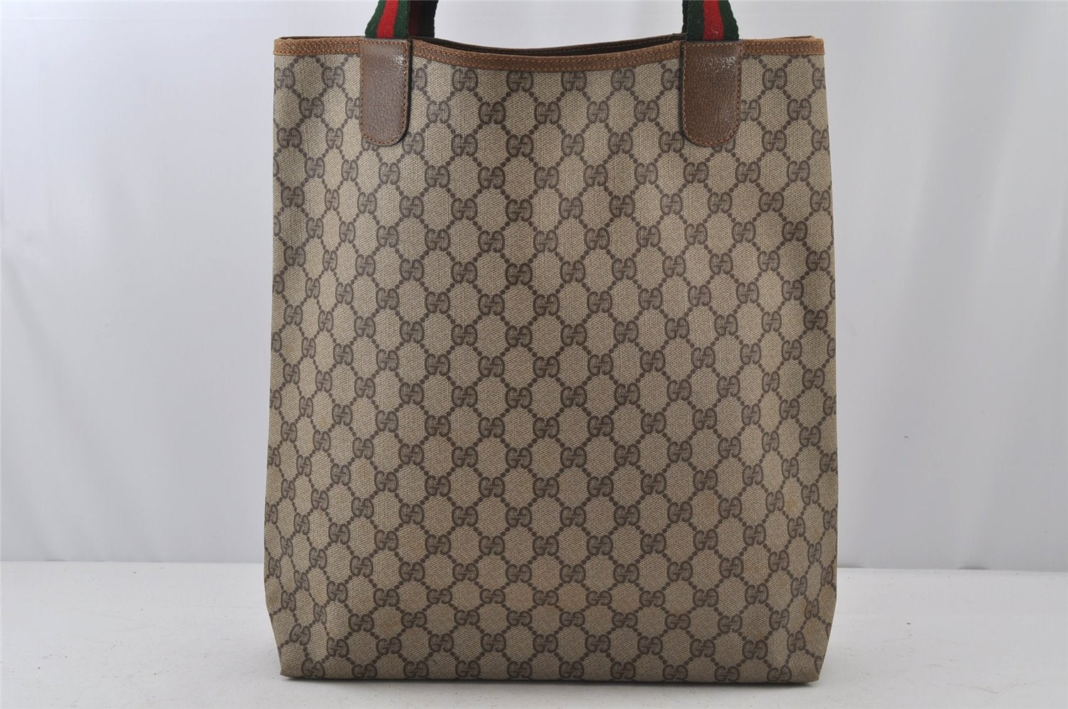Authentic GUCCI Web Sherry Line Shoulder Tote Bag GG PVC Leather Brown 6604J