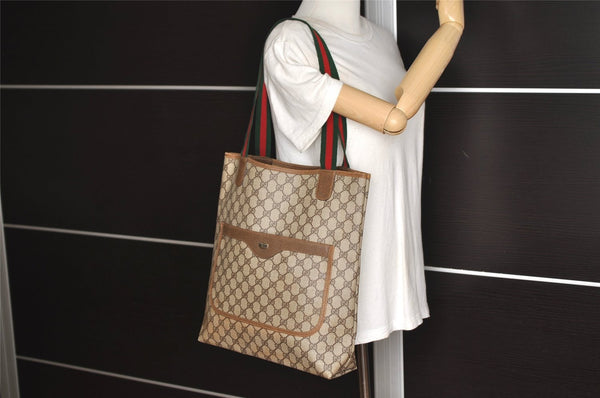 Authentic GUCCI Web Sherry Line Shoulder Tote Bag GG PVC Leather Brown 6604J