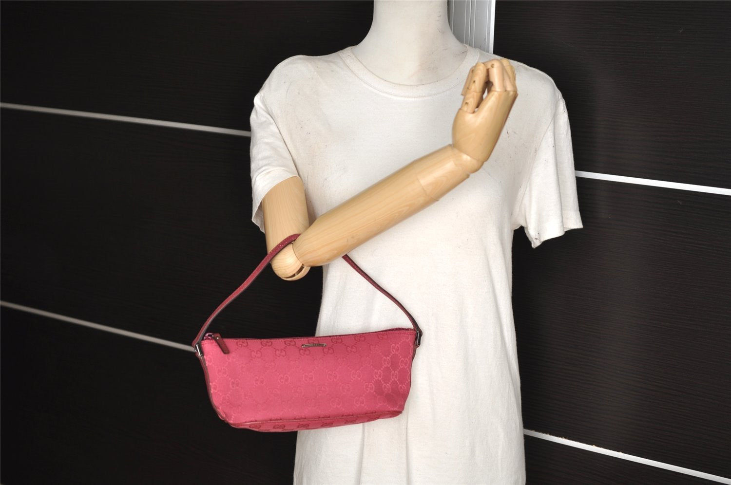 Authentic GUCCI Vintage Hand Bag Pouch Purse GG Canvas Leather 07198 Pink 6605I