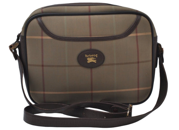 Authentic Burberrys Check Shoulder Cross Bag Canvas Leather Khaki Green 6605J