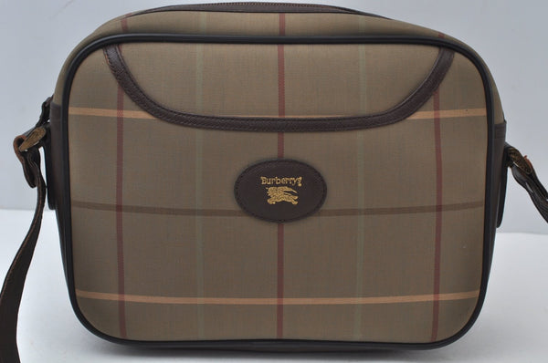 Authentic Burberrys Check Shoulder Cross Bag Canvas Leather Khaki Green 6605J