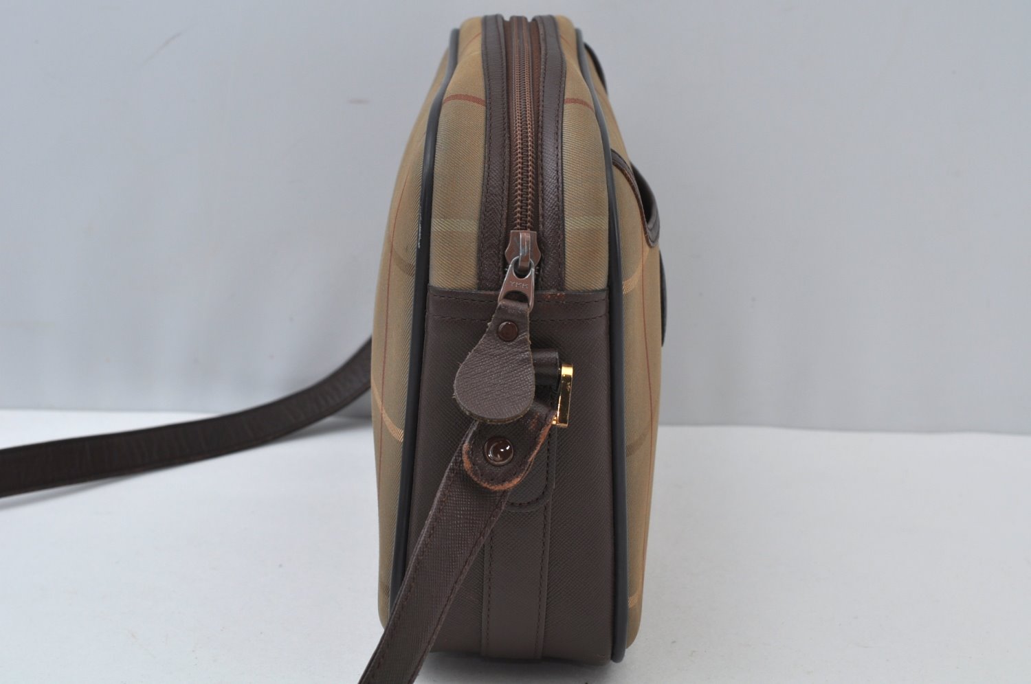 Authentic Burberrys Check Shoulder Cross Bag Canvas Leather Khaki Green 6605J
