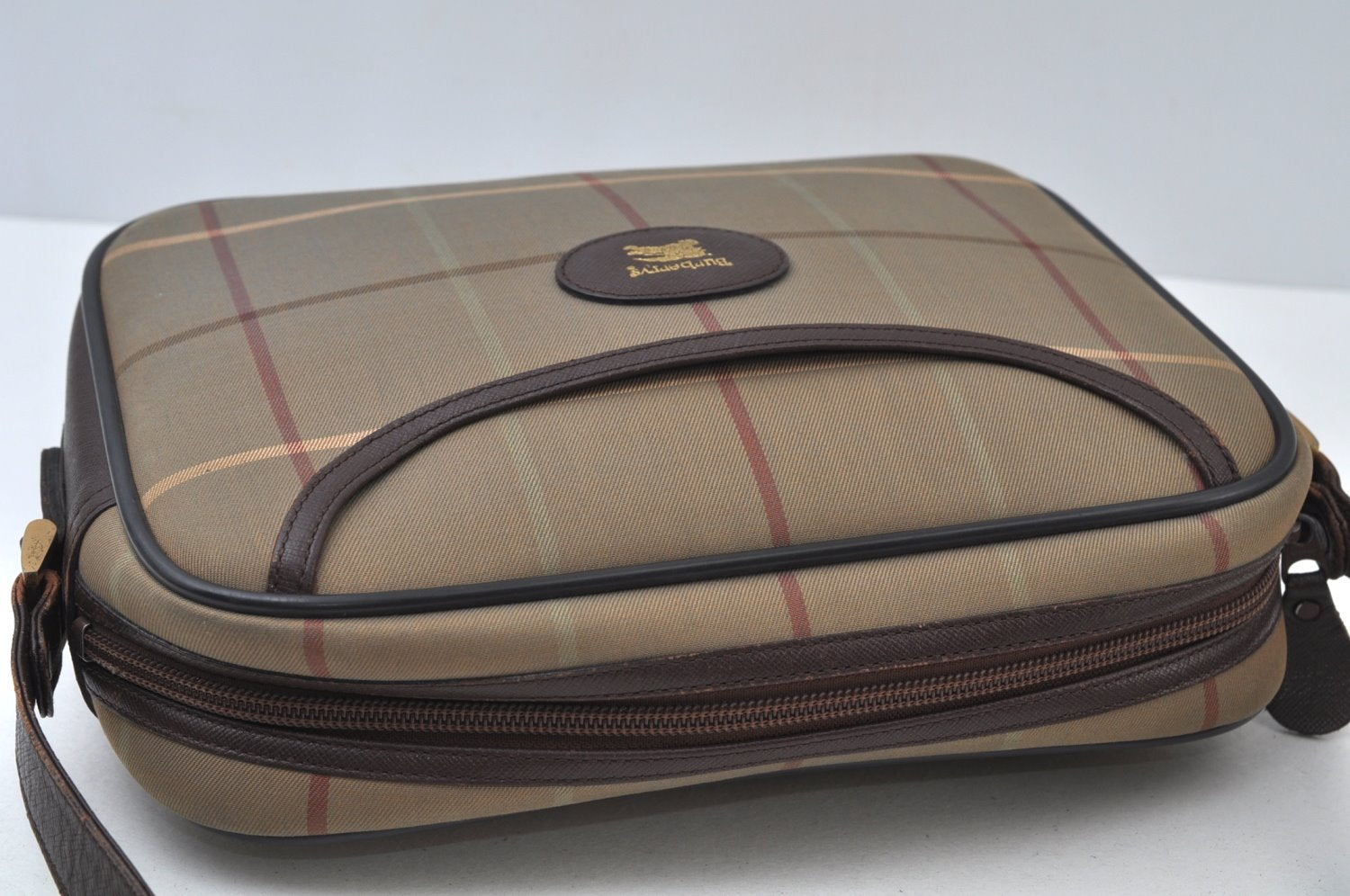 Authentic Burberrys Check Shoulder Cross Bag Canvas Leather Khaki Green 6605J