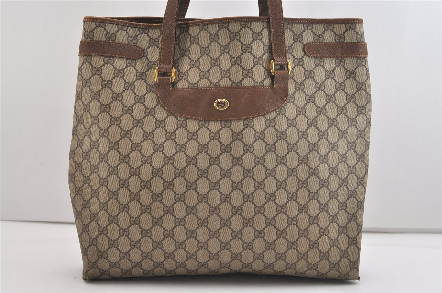 Authentic GUCCI Vintage Shoulder Tote Bag GG PVC Leather Brown Junk 6606J