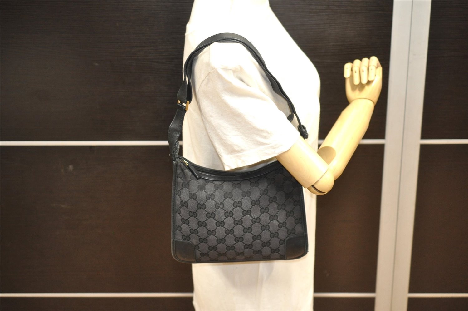 Authentic GUCCI Shoulder Hand Bag Purse GG Canvas Leather 0014206 Black 6608J