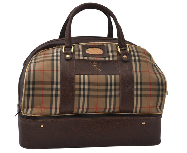 Authentic Burberrys Nova Check Canvas Leather Boston Hand Bag Beige 6609J