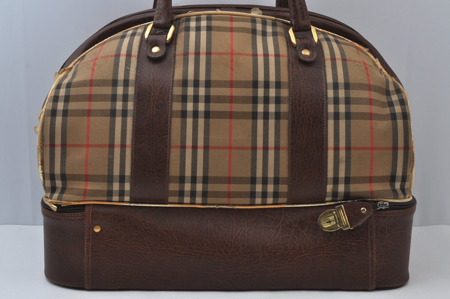 Authentic Burberrys Nova Check Canvas Leather Boston Hand Bag Beige 6609J