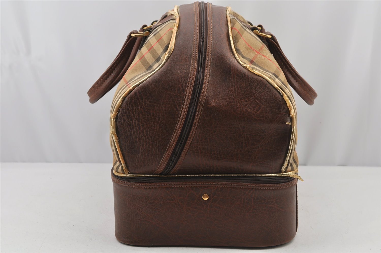 Authentic Burberrys Nova Check Canvas Leather Boston Hand Bag Beige 6609J