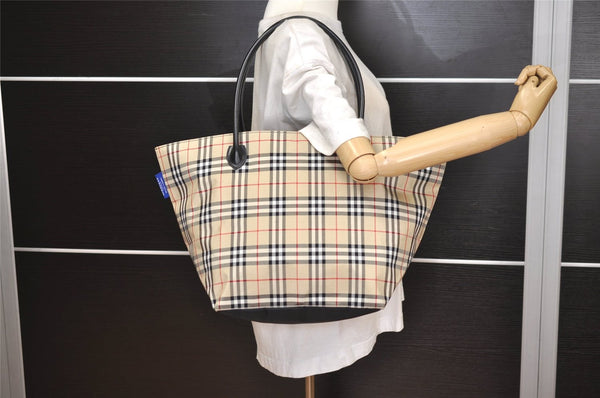 Authentic BURBERRY BLUE LABEL Check Shoulder Tote Bag Nylon Leather Beige 6613J