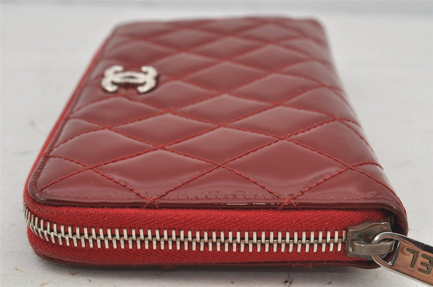 Authentic CHANEL Brilliant Enamel Matelasse Long Wallet Purse Bordeaux Red 6615J