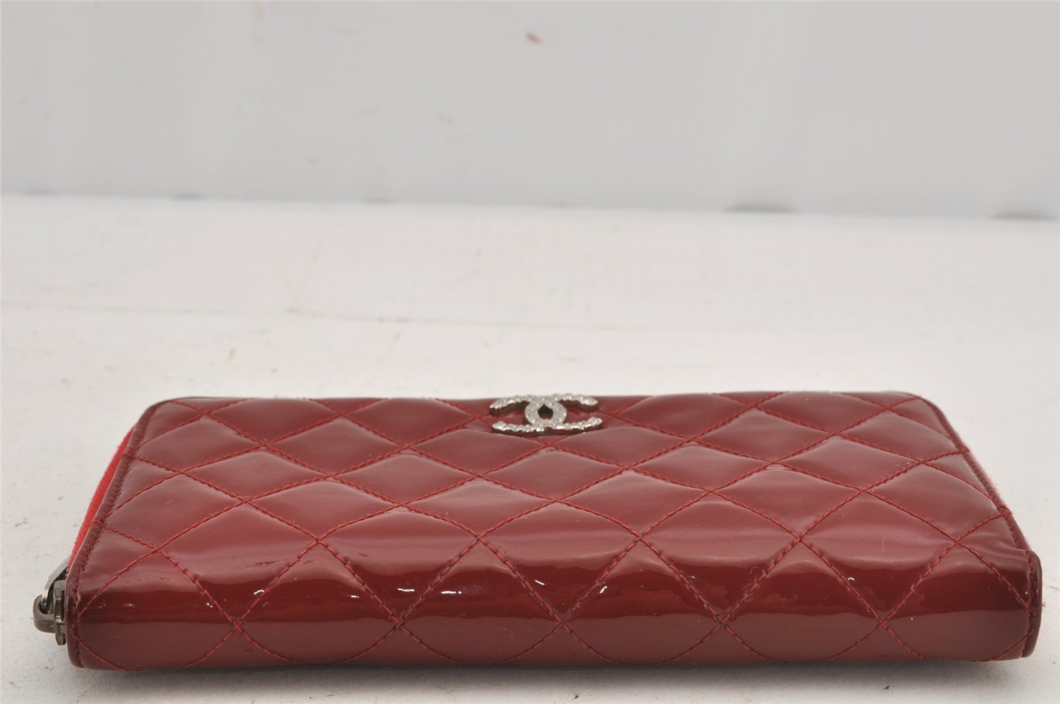 Authentic CHANEL Brilliant Enamel Matelasse Long Wallet Purse Bordeaux Red 6615J