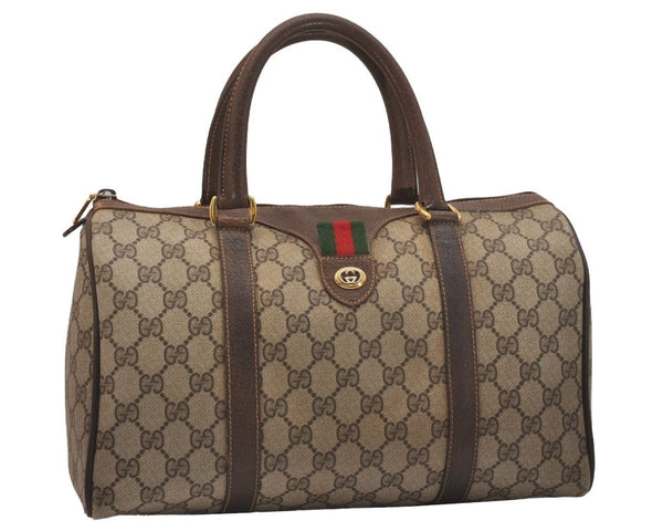 Authentic GUCCI Web Sherry Line Hand Boston Bag GG PVC Leather Brown 6617J
