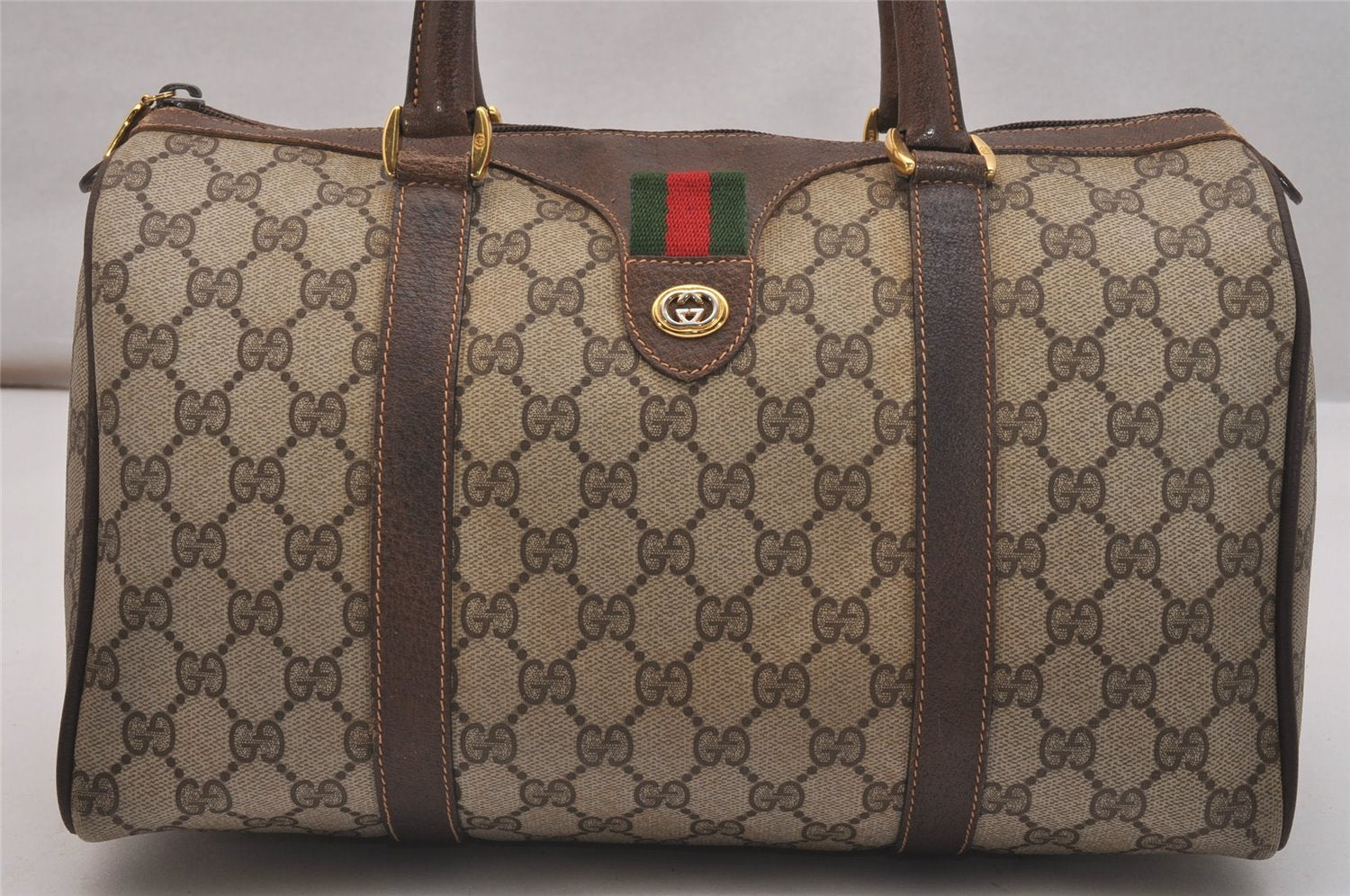 Authentic GUCCI Web Sherry Line Hand Boston Bag GG PVC Leather Brown 6617J
