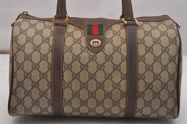 Authentic GUCCI Web Sherry Line Hand Boston Bag GG PVC Leather Brown 6617J