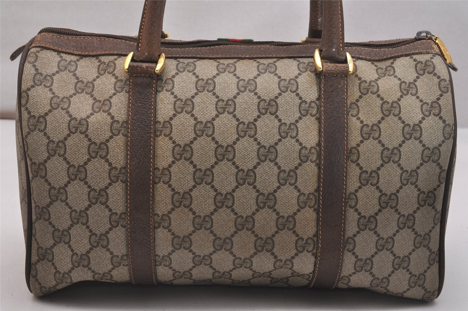 Authentic GUCCI Web Sherry Line Hand Boston Bag GG PVC Leather Brown 6617J
