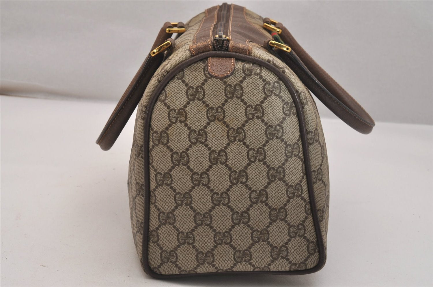 Authentic GUCCI Web Sherry Line Hand Boston Bag GG PVC Leather Brown 6617J