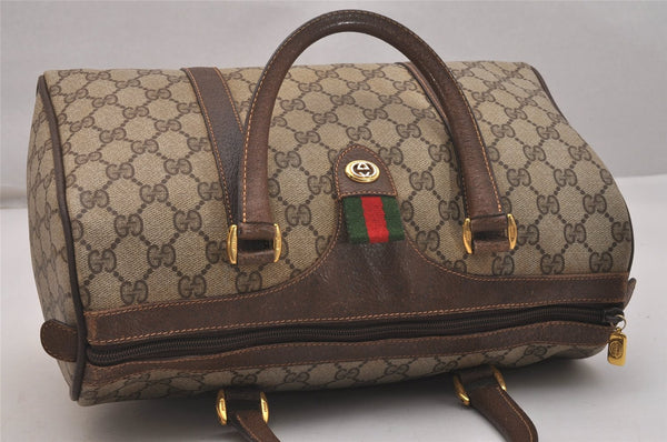 Authentic GUCCI Web Sherry Line Hand Boston Bag GG PVC Leather Brown 6617J