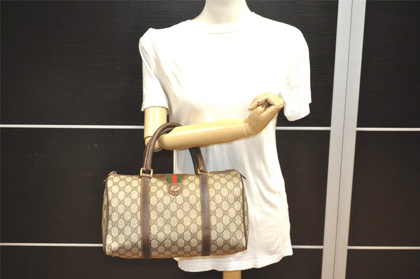 Authentic GUCCI Web Sherry Line Hand Boston Bag GG PVC Leather Brown 6617J