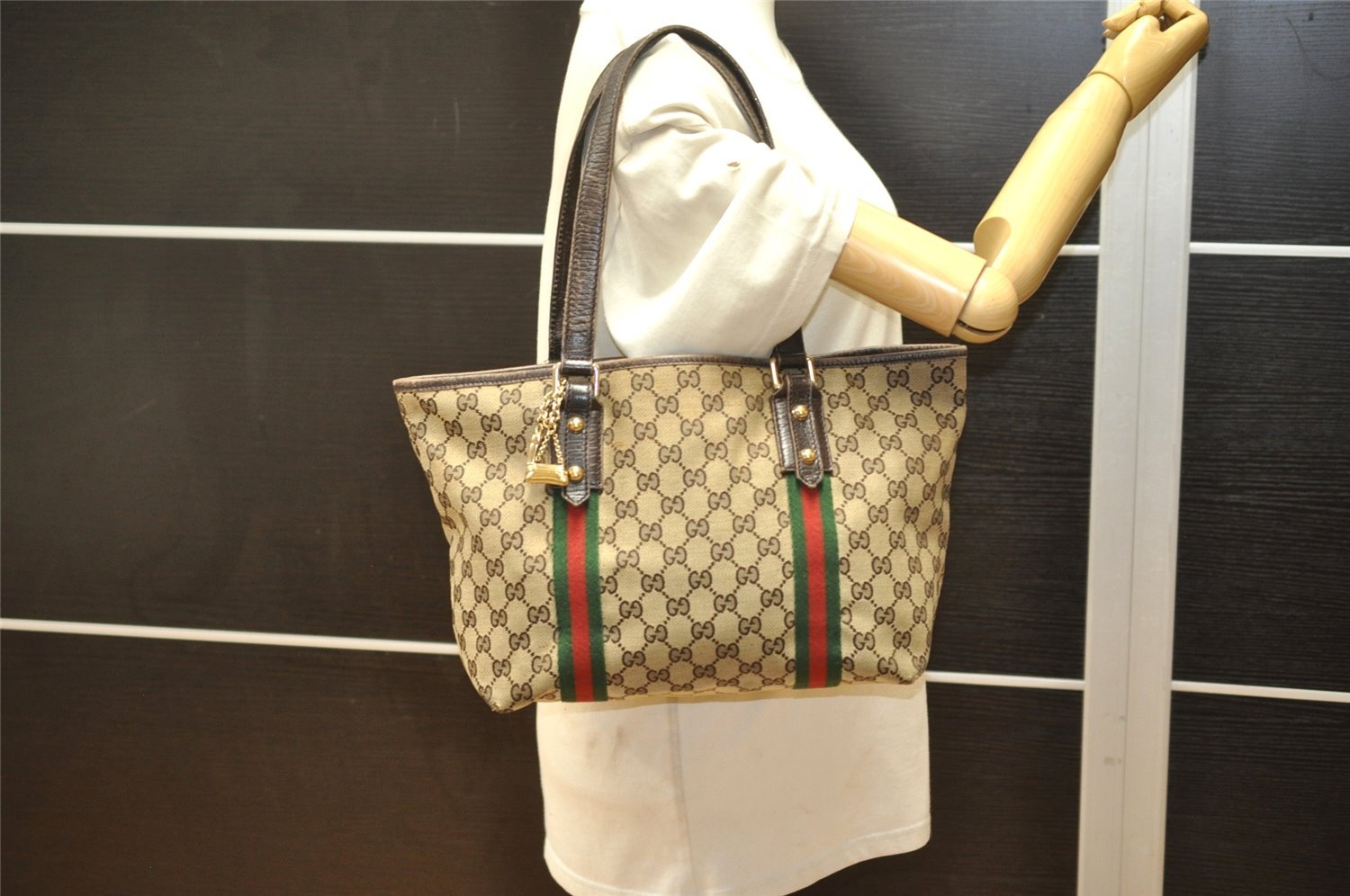 Auth GUCCI Web Sherry Line Tote Bag GG Canvas Leather 137396 Brown Junk 6624K