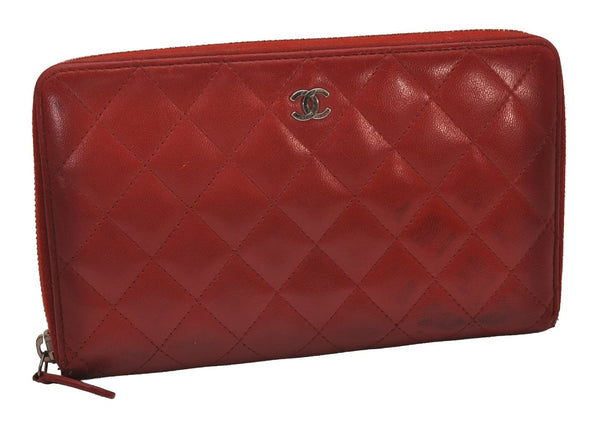 Authentic CHANEL Calf Skin Matelasse Vintage Long Wallet Purse Red CC 6626I