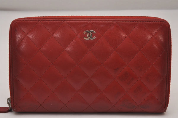 Authentic CHANEL Calf Skin Matelasse Vintage Long Wallet Purse Red CC 6626I