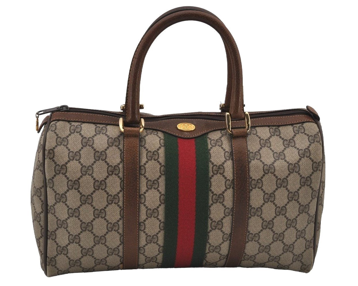 Authentic GUCCI Web Sherry Line Hand Boston Bag GG PVC Leather Brown 6626J