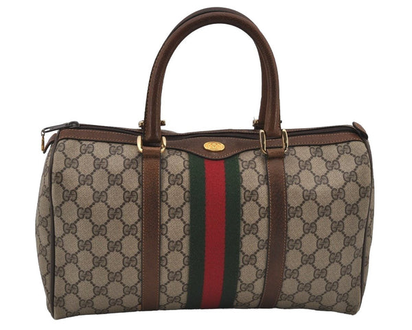 Authentic GUCCI Web Sherry Line Hand Boston Bag GG PVC Leather Brown 6626J