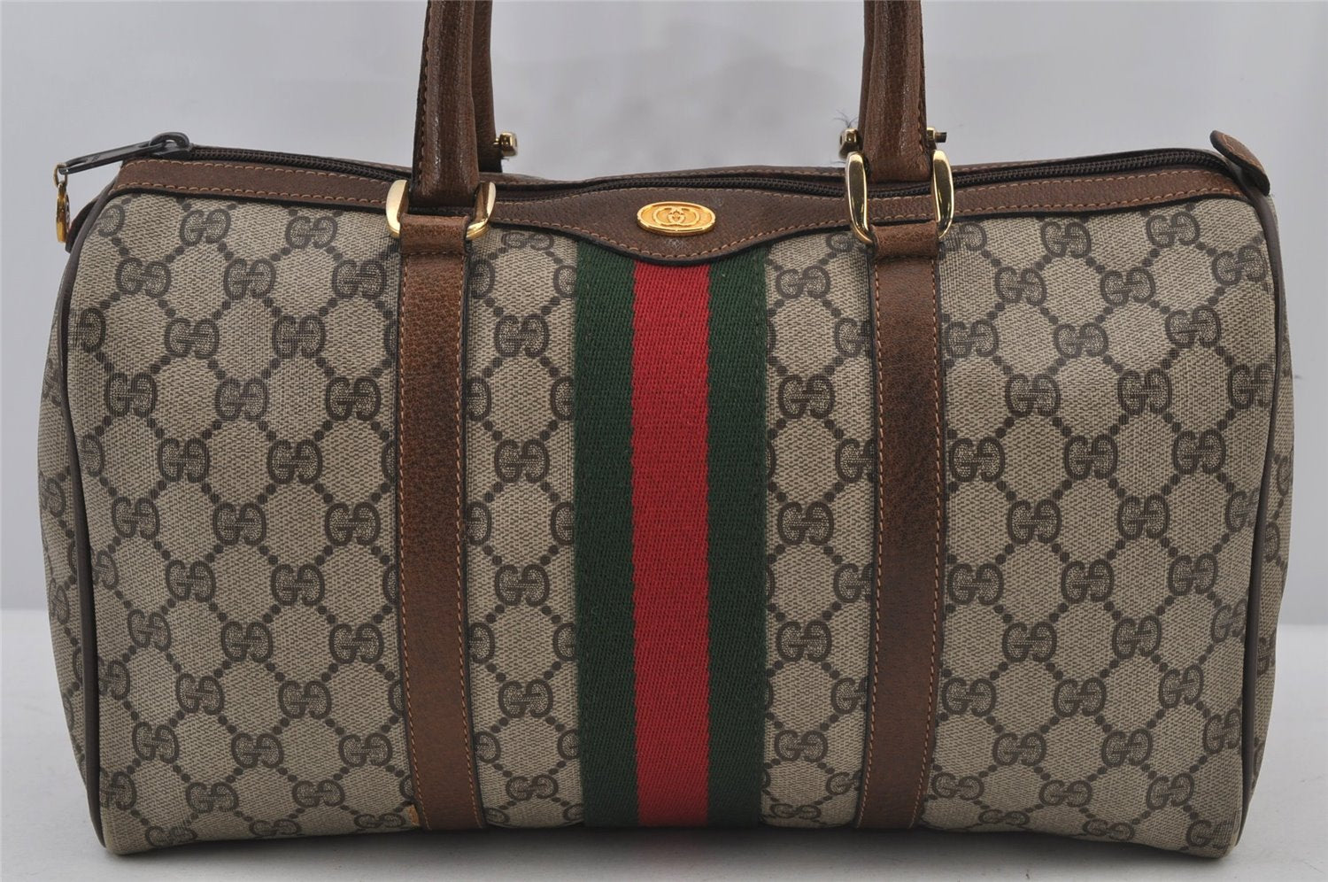 Authentic GUCCI Web Sherry Line Hand Boston Bag GG PVC Leather Brown 6626J