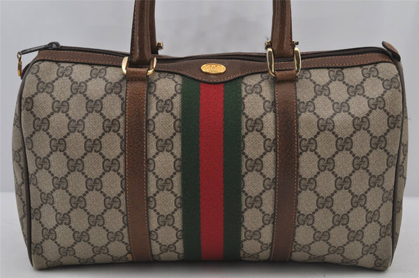 Authentic GUCCI Web Sherry Line Hand Boston Bag GG PVC Leather Brown 6626J