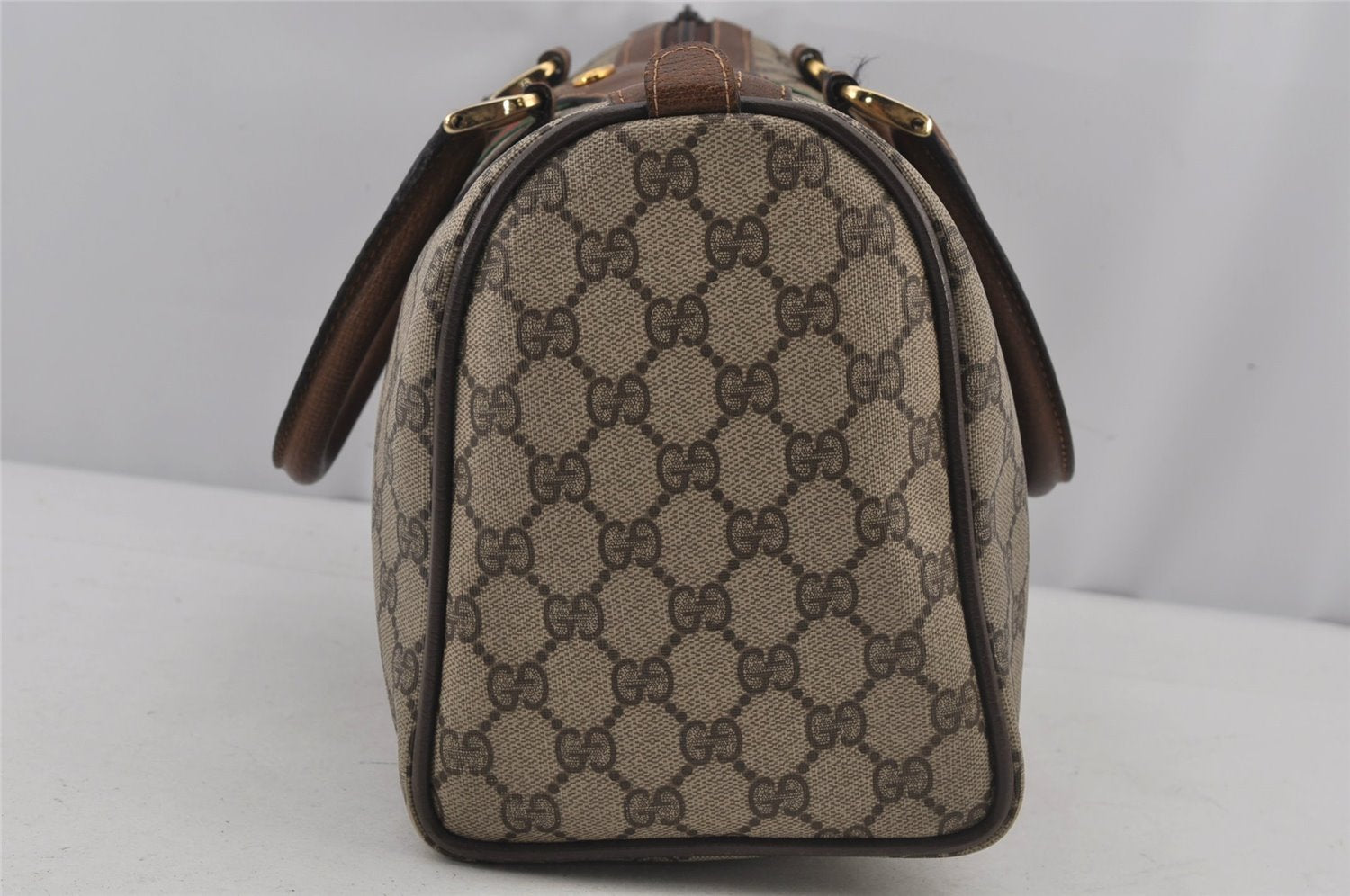 Authentic GUCCI Web Sherry Line Hand Boston Bag GG PVC Leather Brown 6626J