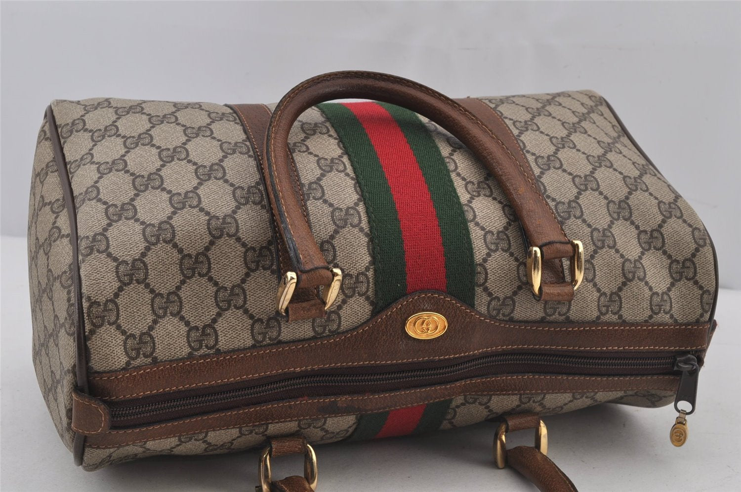 Authentic GUCCI Web Sherry Line Hand Boston Bag GG PVC Leather Brown 6626J