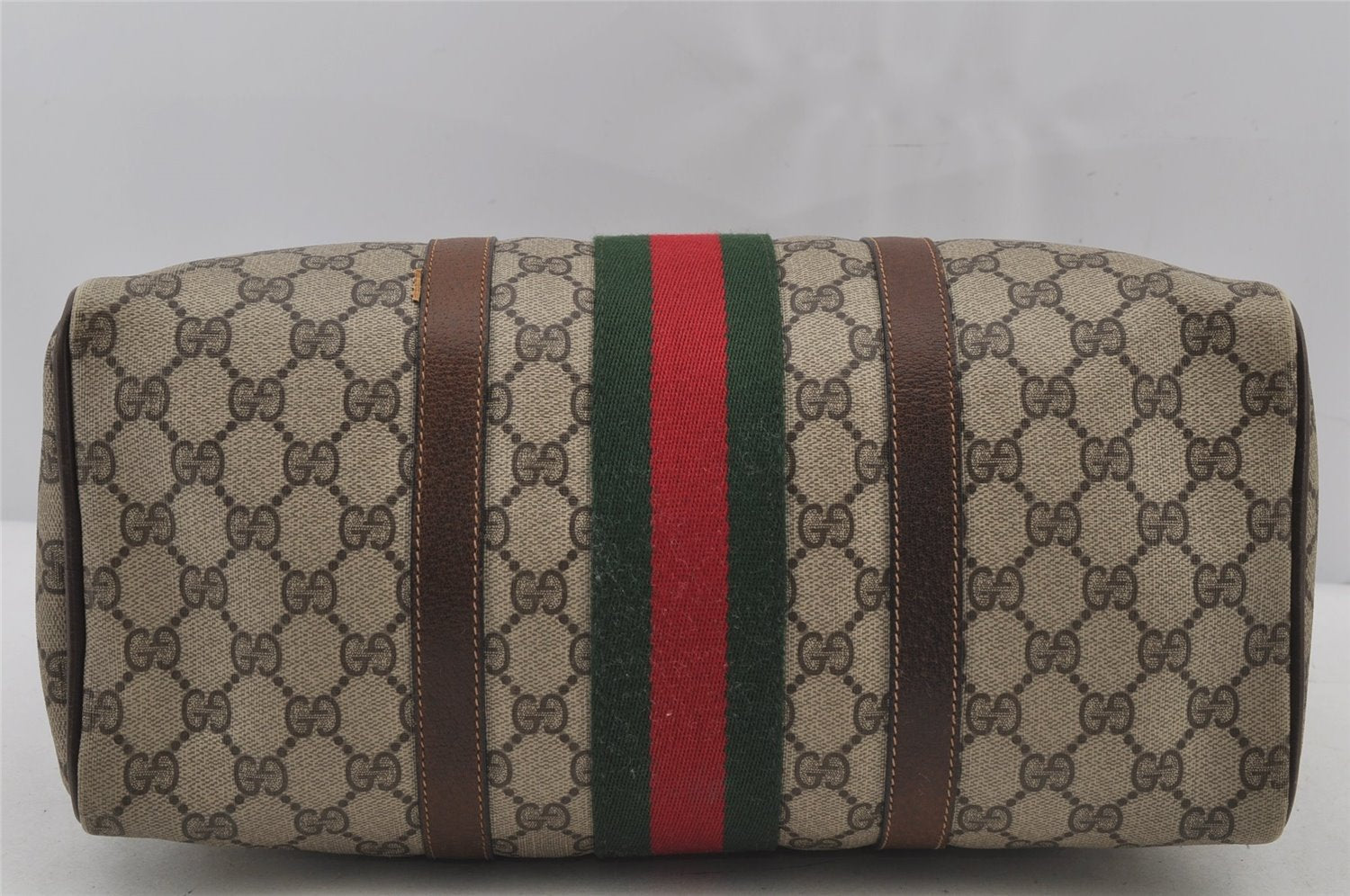 Authentic GUCCI Web Sherry Line Hand Boston Bag GG PVC Leather Brown 6626J