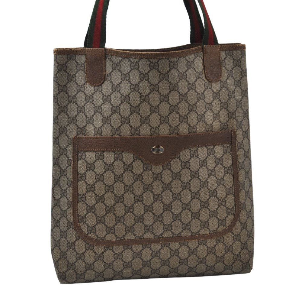 Authentic GUCCI Web Sherry Line Shoulder Tote Bag GG PVC Leather Brown 6629J