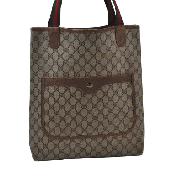 Authentic GUCCI Web Sherry Line Shoulder Tote Bag GG PVC Leather Brown 6629J