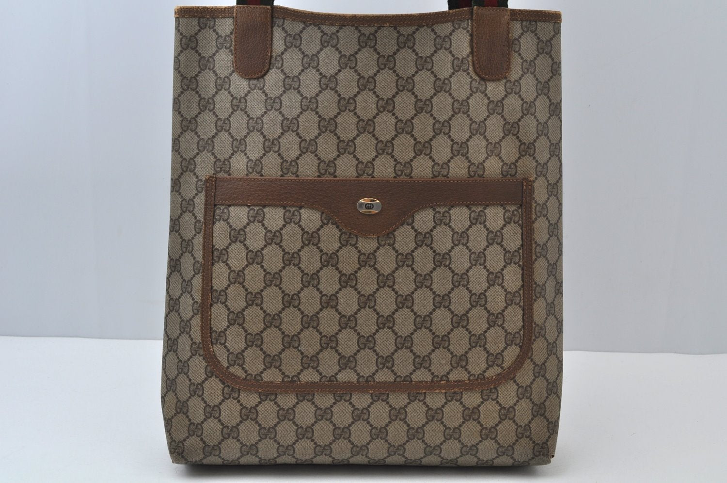 Authentic GUCCI Web Sherry Line Shoulder Tote Bag GG PVC Leather Brown 6629J