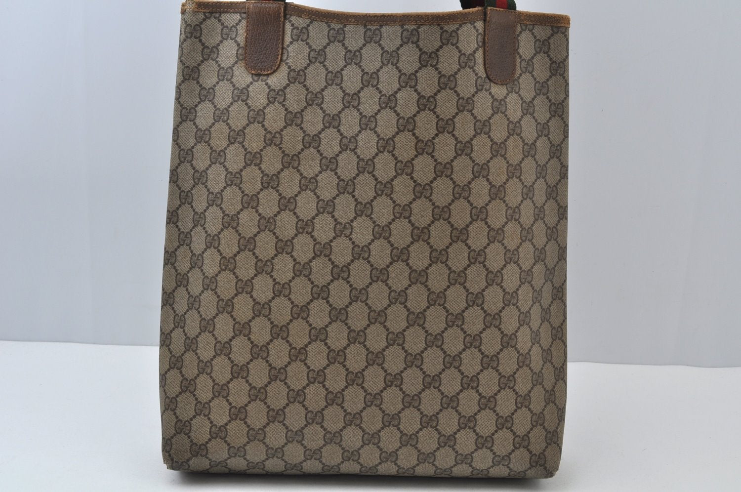Authentic GUCCI Web Sherry Line Shoulder Tote Bag GG PVC Leather Brown 6629J
