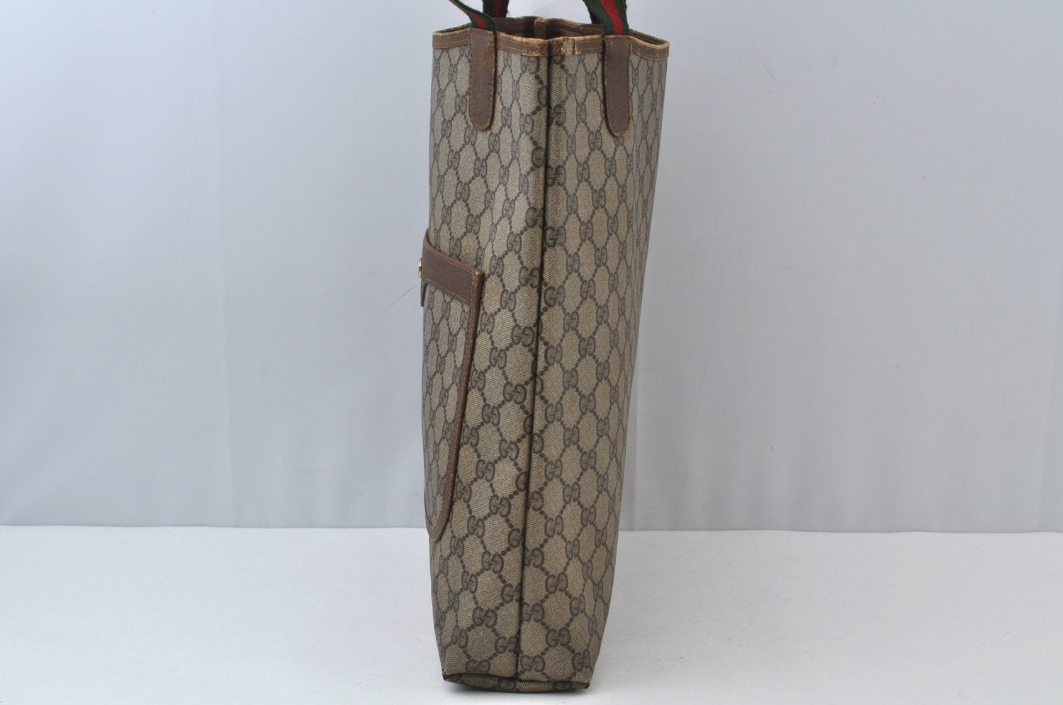 Authentic GUCCI Web Sherry Line Shoulder Tote Bag GG PVC Leather Brown 6629J