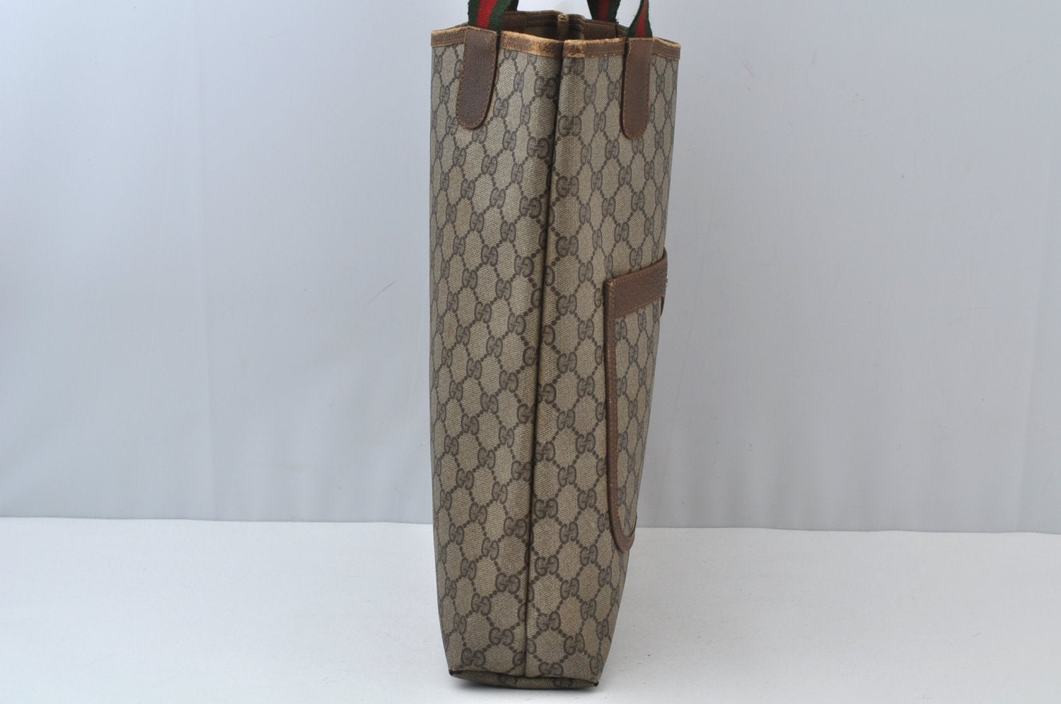 Authentic GUCCI Web Sherry Line Shoulder Tote Bag GG PVC Leather Brown 6629J