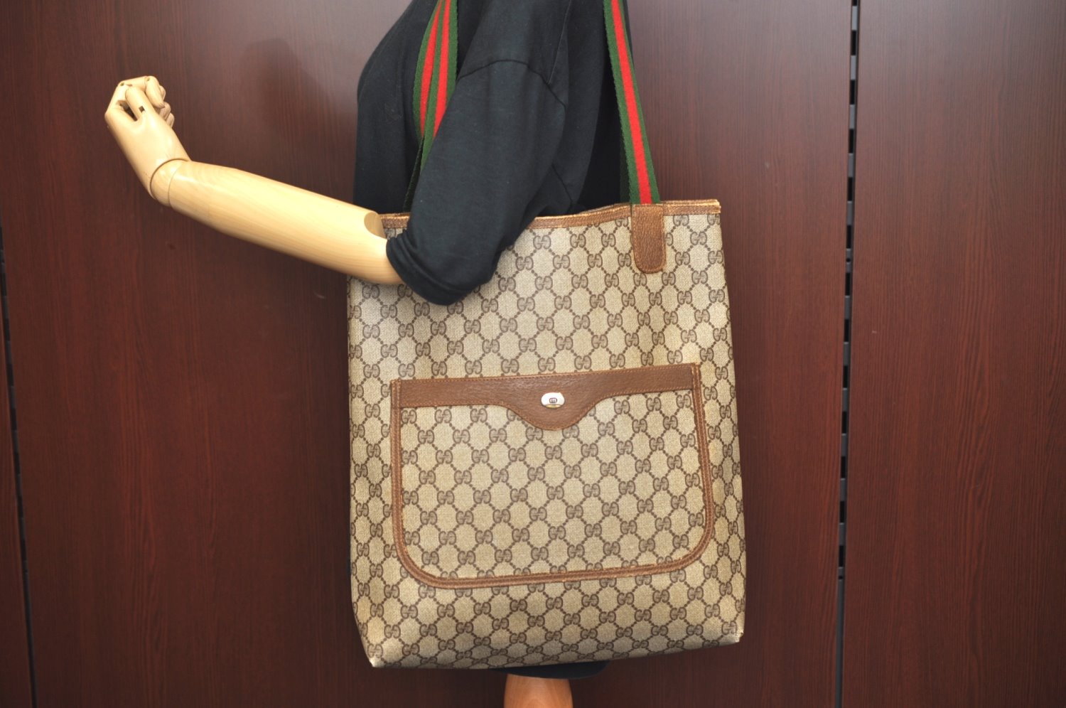 Authentic GUCCI Web Sherry Line Shoulder Tote Bag GG PVC Leather Brown 6629J