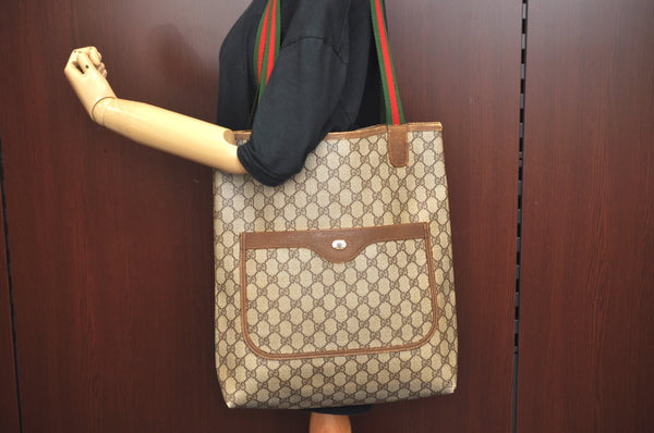 Authentic GUCCI Web Sherry Line Shoulder Tote Bag GG PVC Leather Brown 6629J