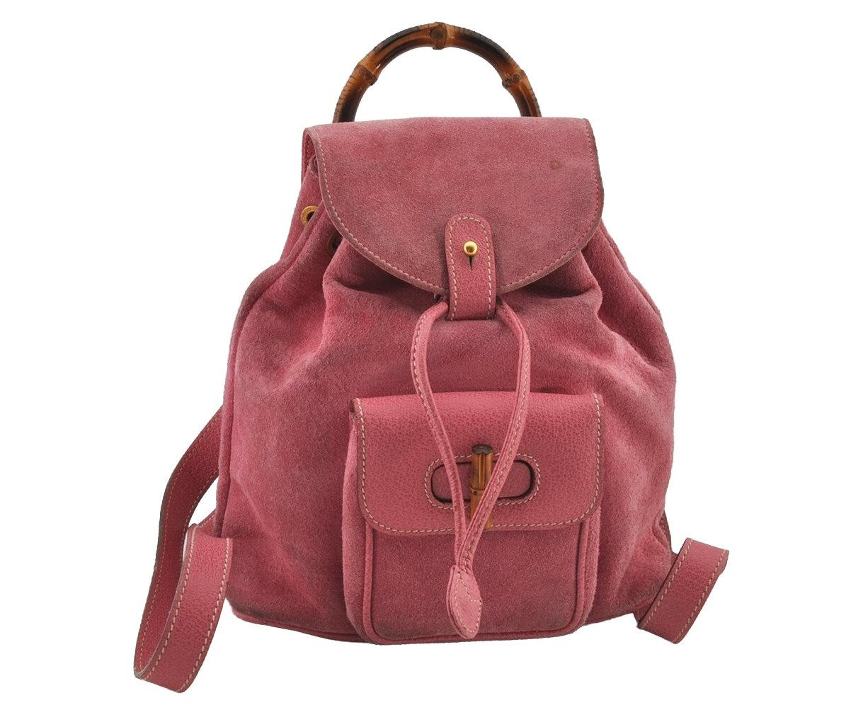 Authentic GUCCI Vintage Bamboo Drawstring Backpack Suede Leather Pink 6632J